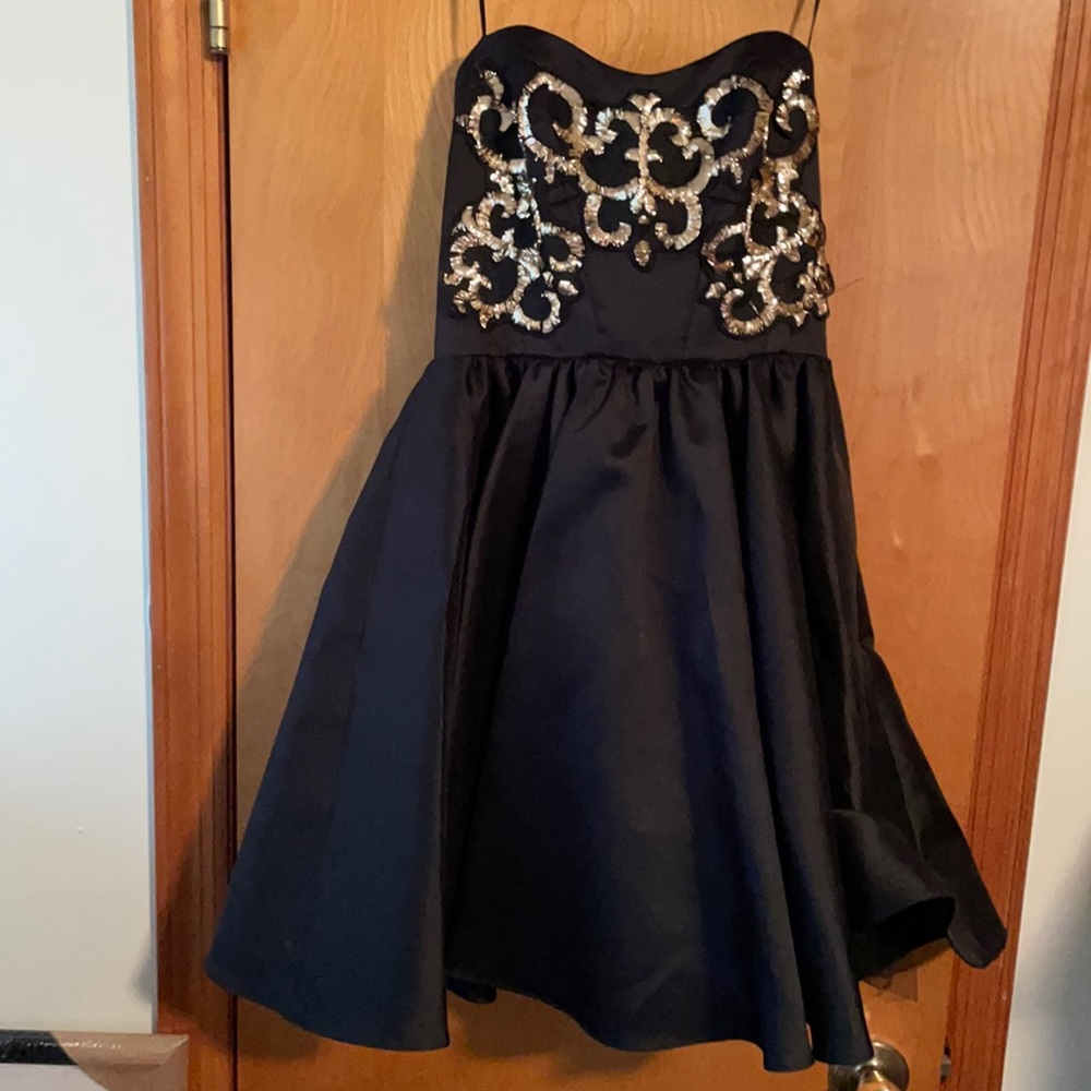 ABS black strapless cocktail dress tulle skirt & gold embellishment ornate